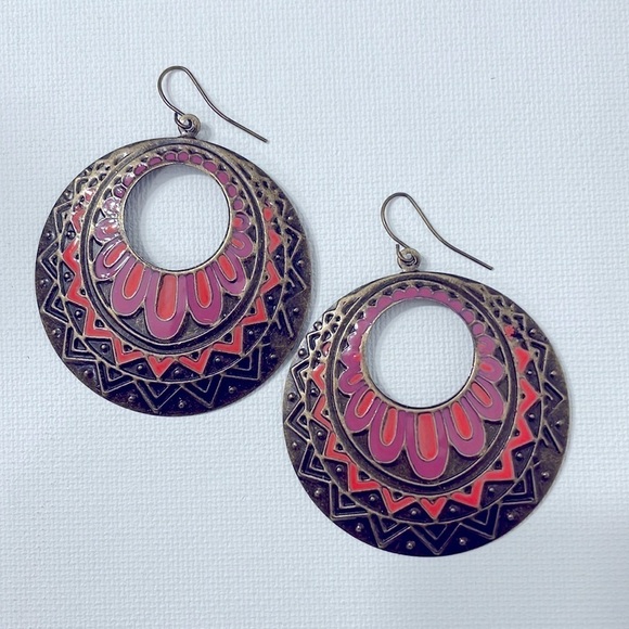 Bohemian Colorful Pattern Bronze Hoops - Picture 4 of 11